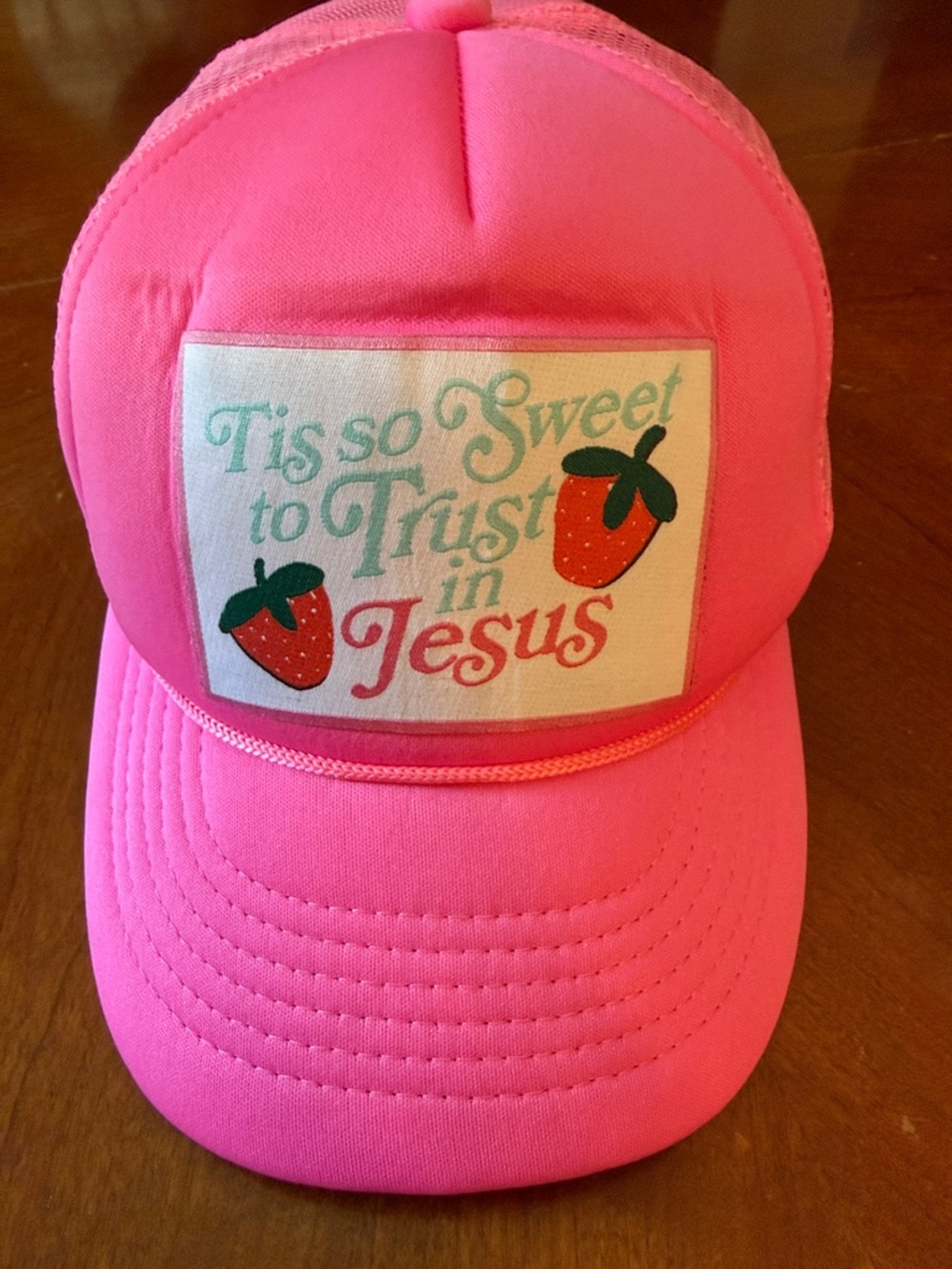 Pink Trucker Hat with 'Tis so Sweet to Trust in Jesus' Patch